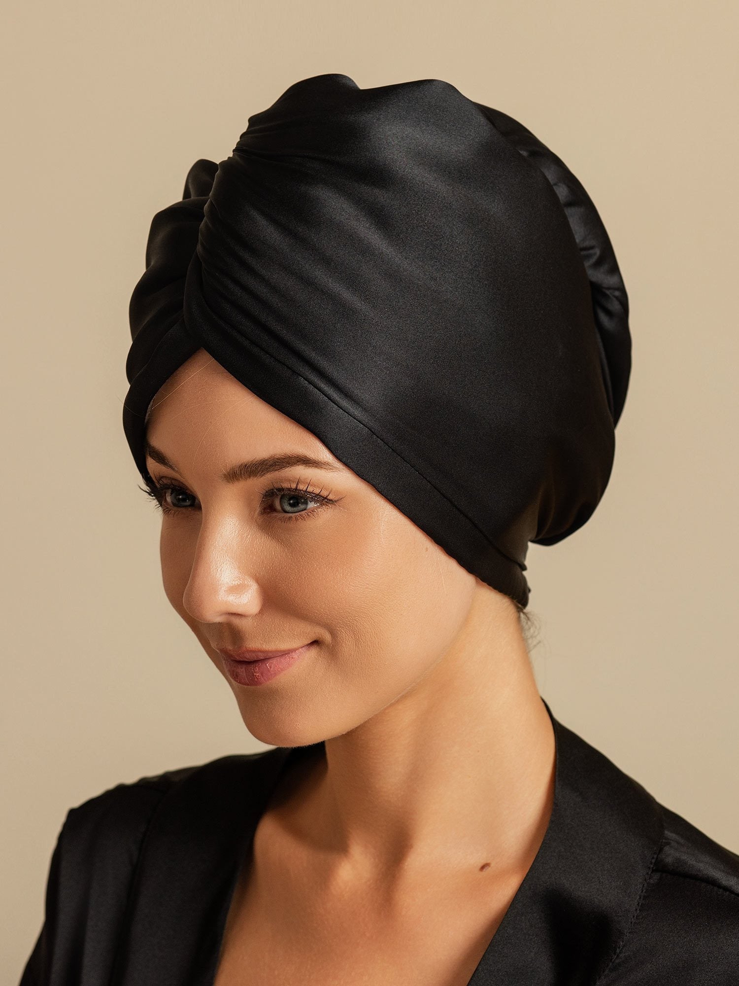 [Svart] SilkSilky-SE Rent Silke Hair Towel Wrap 004,