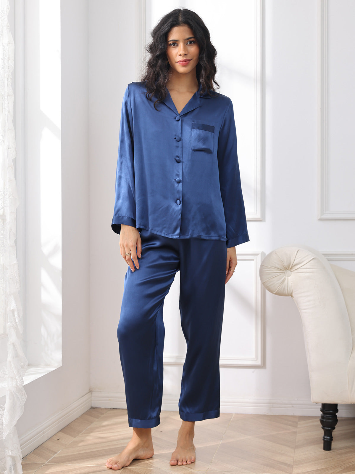 [Mörkblå] SilkSilky-SE Rent Silke Womens Pajamas 003,