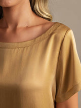[Tan] SilkSilky-SE 19Momme Kort Ärm Rund Halsringning Dam Pyjama 004