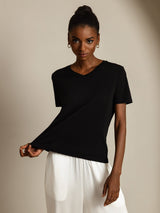 [Svart] SilkSilky-SE Short Sleeve V Neck Dam T-Shirt 006