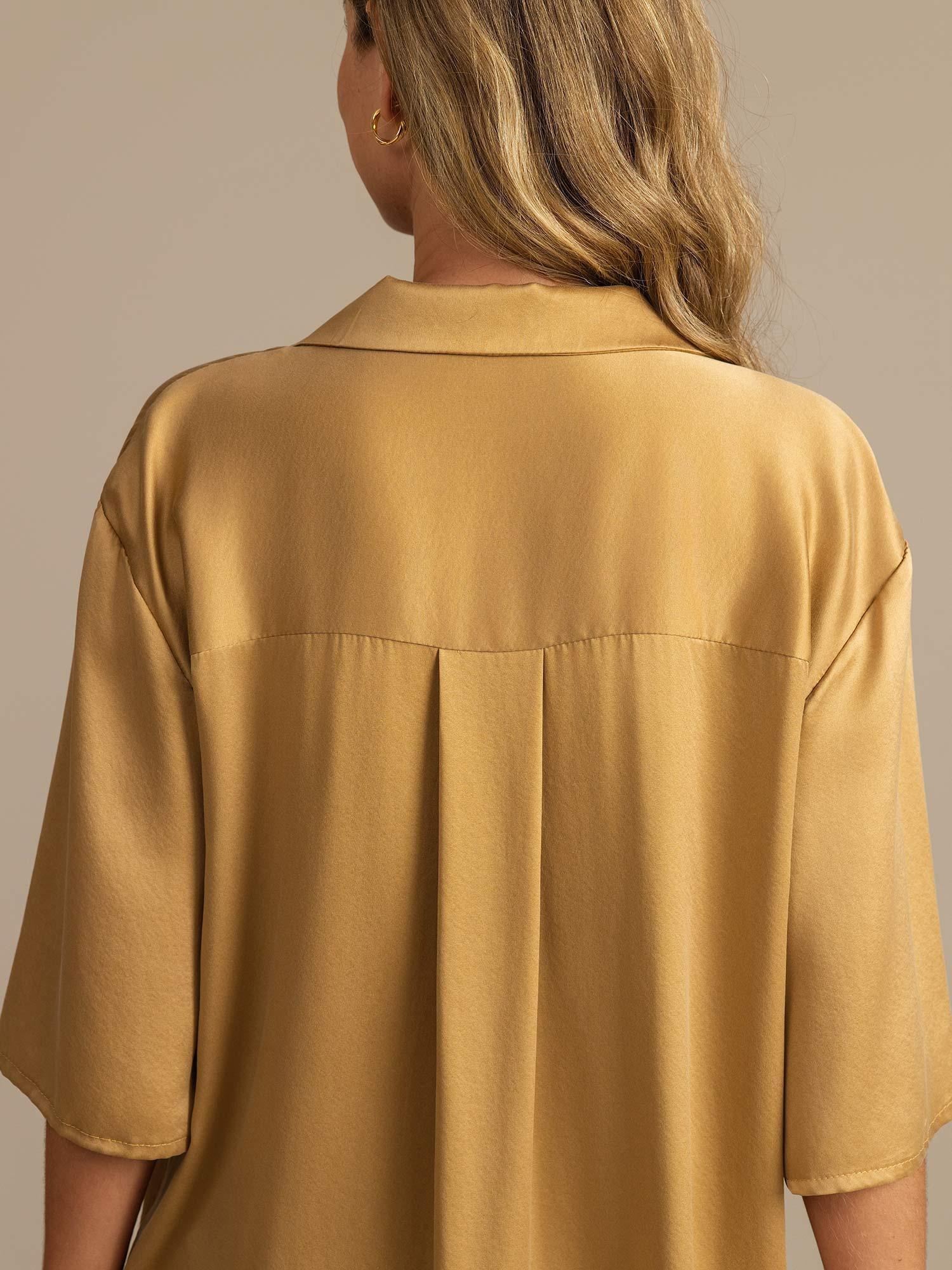 [Tan] SilkSilky-SE 19Momme Rent Silke Krage Dam Pyjama 004,