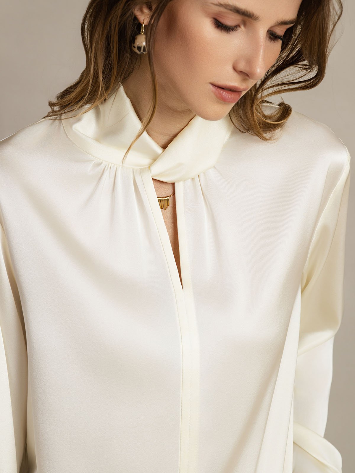 [Elfenben] SilkSilky-SE 19Momme Silke Womens Shirt 005