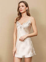 [Beige] SilkSilky-SE Spaghetti Strap V Neck Nattlinne 001