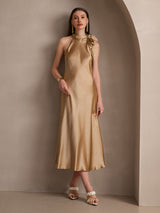 [Champagne] SilkSilky-SE 19Momme Stretch Silk Charmeuse Sleeveless Halter Klänning 007