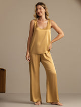 [Tan] SilkSilky-SE 19Momme Ärmlös Djup Rund Halsringning Dam Pyjama 005