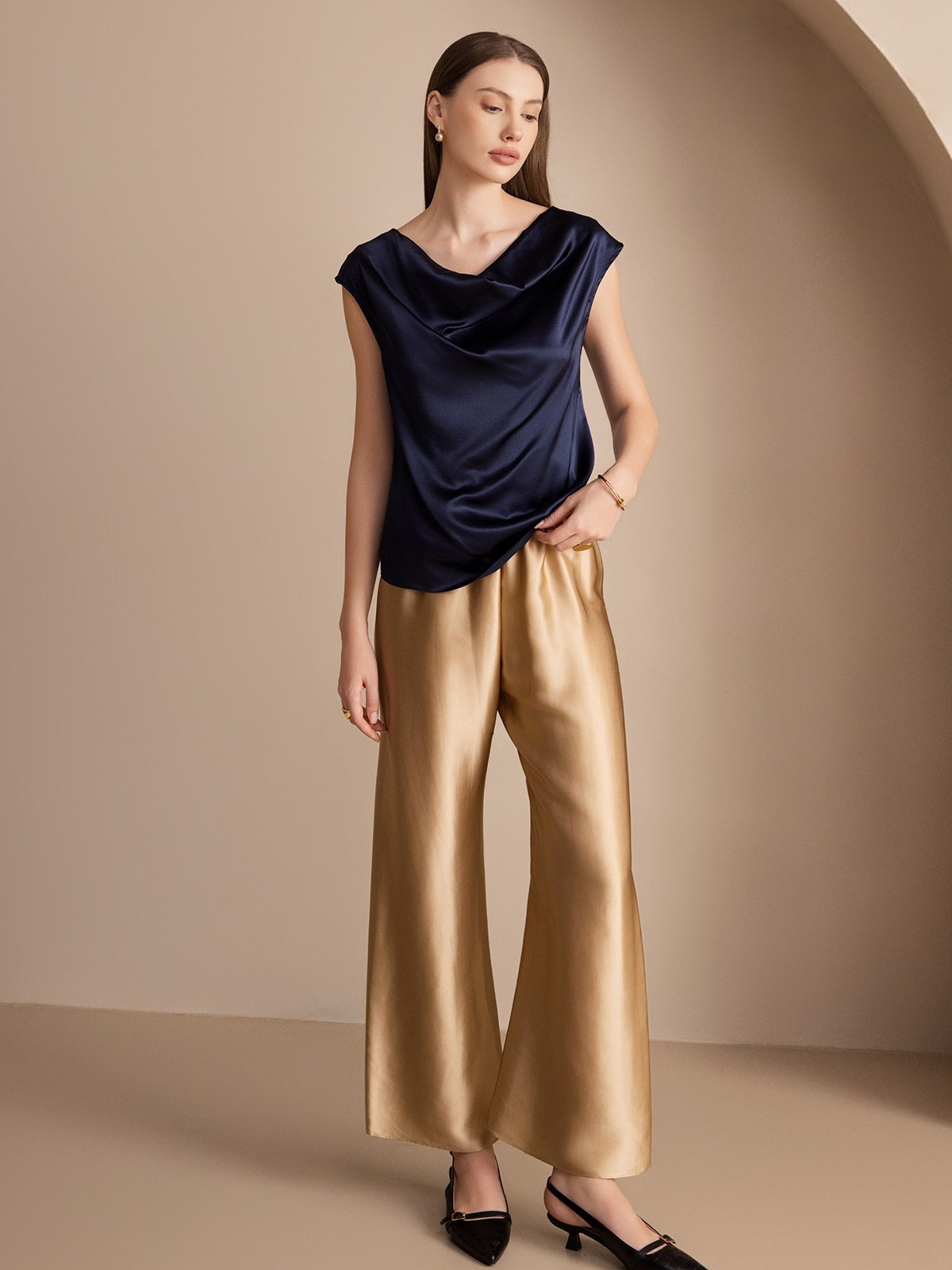 [Mörkblå] SilkSilky-SE 19Momme Kappärm Cowl Halsringning Dam T-Shirt 004