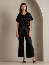 [Svart] SilkSilky-SE Short Sleeve Cowl Neck Damblusar 005