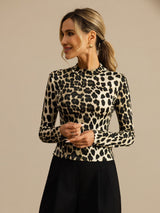 [Leopard] SilkSilky-SE Lång Ärm Mockkrage Dam T-Shirt 004