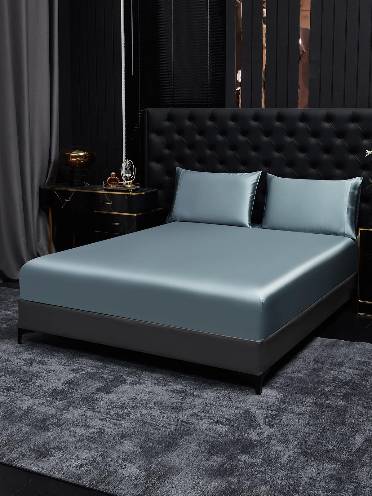 [Gråblå] SilkSilky-SE 19Momme Rent Silke Bedding Set 001