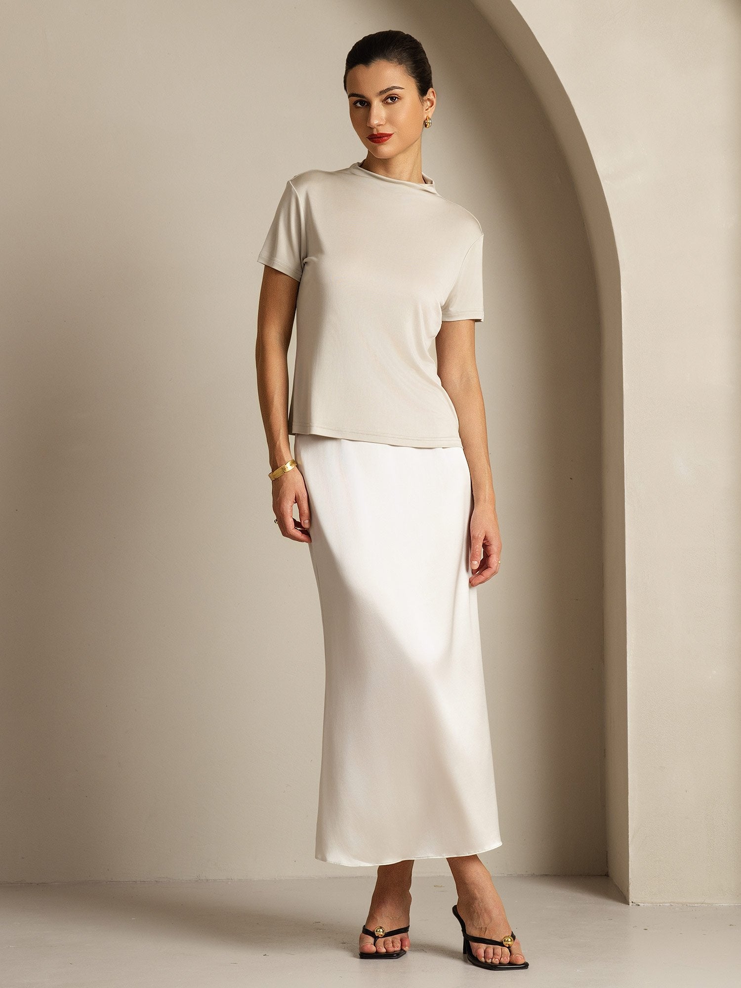 [Grå] SilkSilky-SE Rent Silke Krage Dam T-Shirt 009
