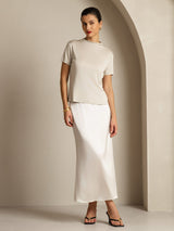 [Grå] SilkSilky-SE 100% Silk Jersey Short Sleeve Mock Neck Dam T-Shirt 009