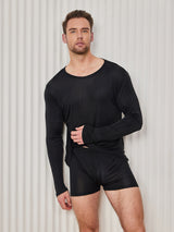 [Svart] SilkSilky-SE Long Sleeve Round Neck Herr T-Shirt 003