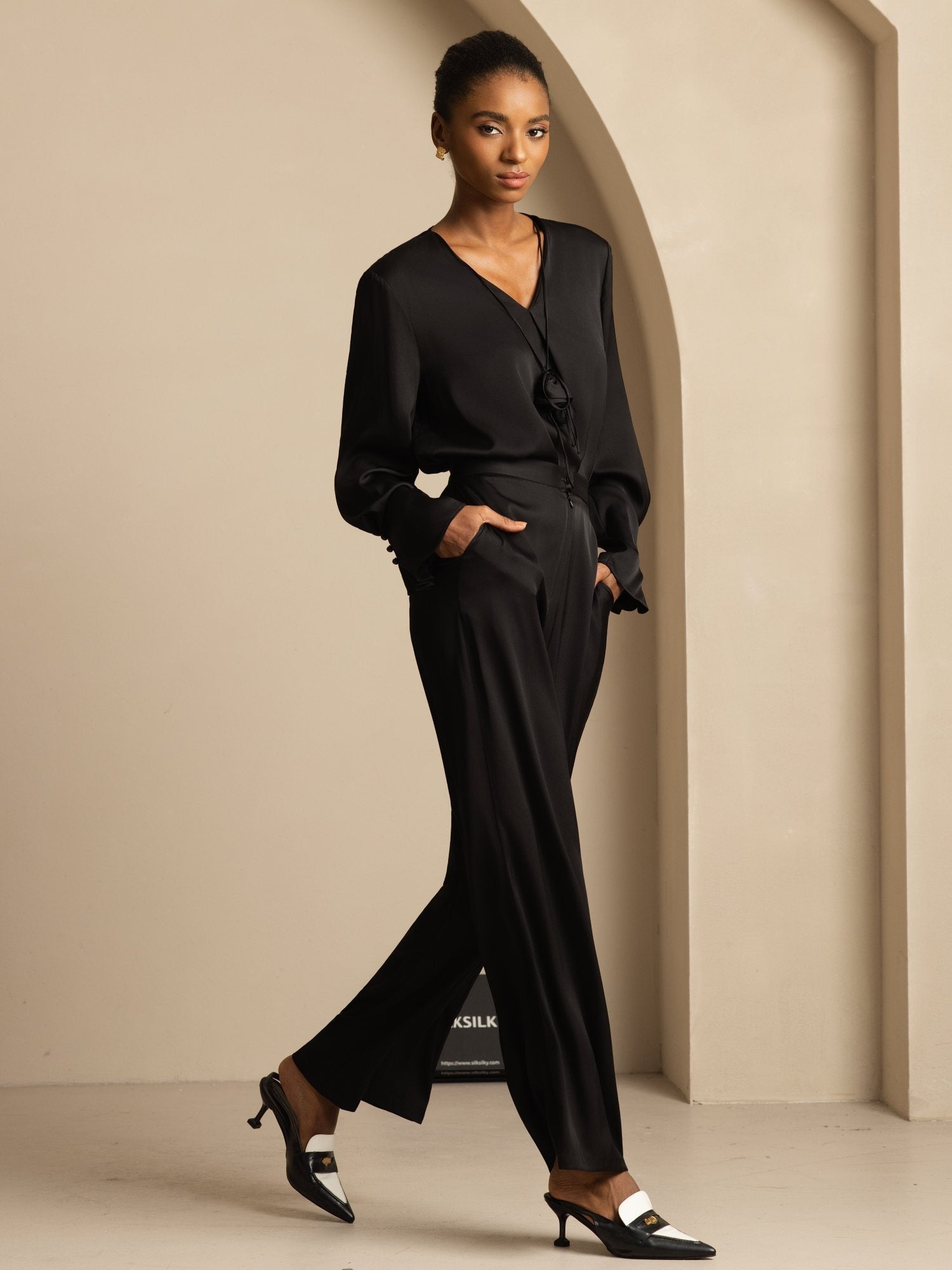 [Svart] SilkSilky-SE 19Momme Silke Womens Pants 008