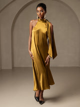 [Brun] SilkSilky-SE 19Momme Stretch Silk Charmeuse Sleeveless Halter Klänning 006