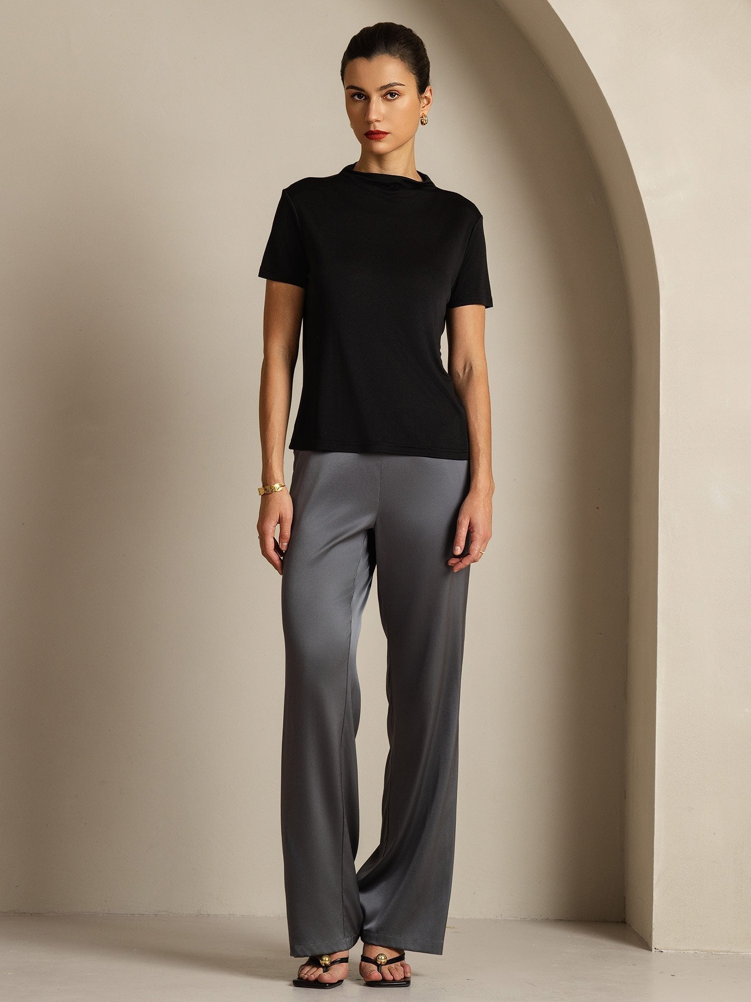 [Svart] SilkSilky-SE Rent Silke Krage Dam T-Shirt 007