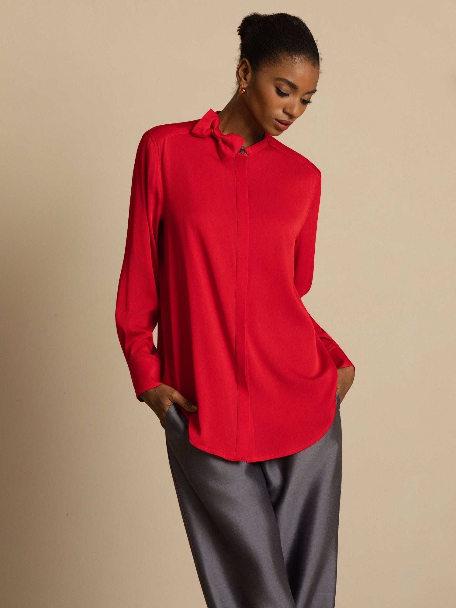 [Vin] SilkSilky-SE 19Momme Silke Lång Ärm Ståkrage Blus 005