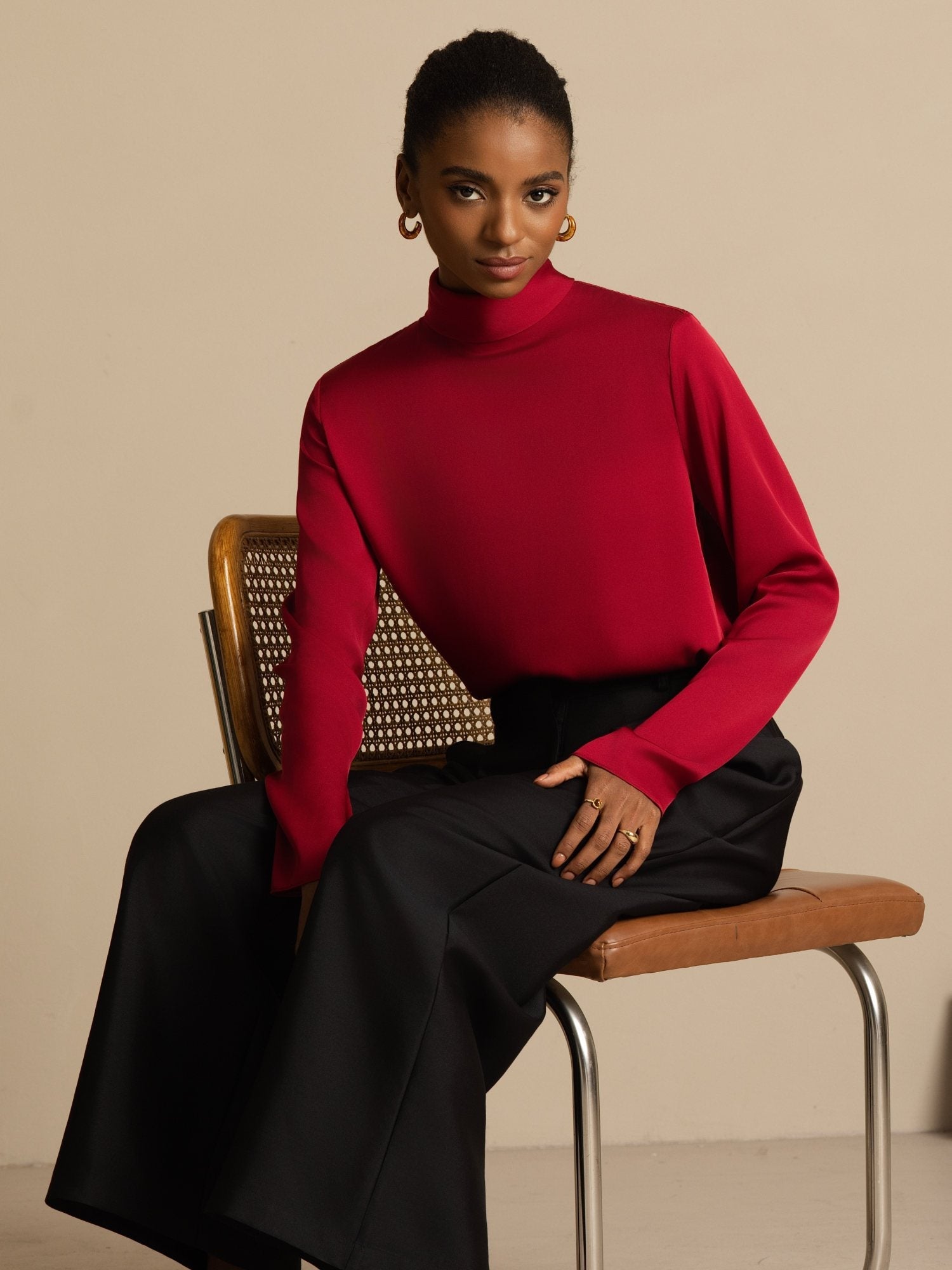 [Vin] SilkSilky-SE 19Momme Silke Lång Ärm Polotröja Dam T-Shirt 007