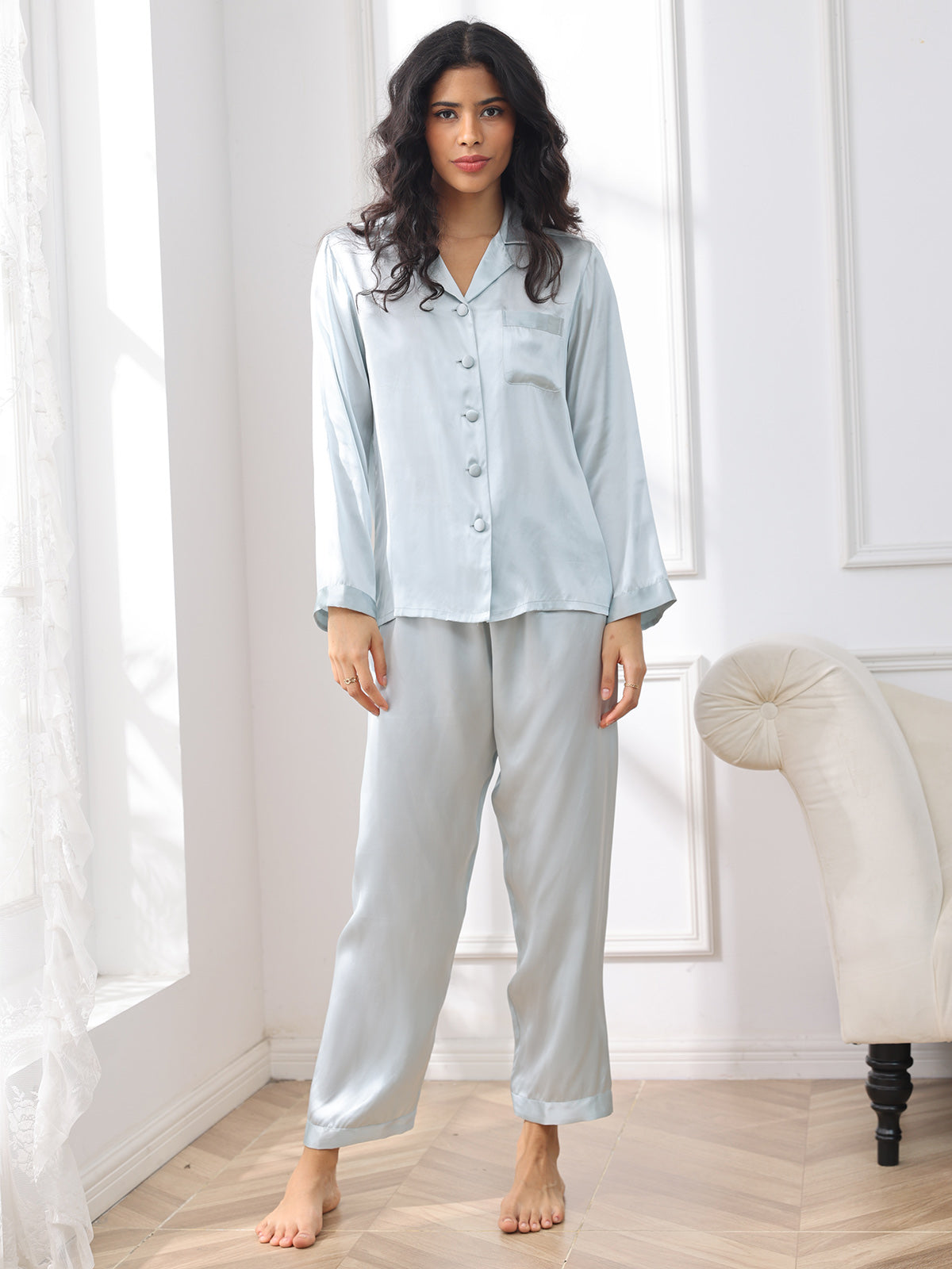 [Ljusblå] SilkSilky-SE Rent Silke Womens Pajamas 003
