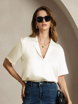[Elfenben] SilkSilky-SE Short Sleeve Lapel Collar Damskjorta 003