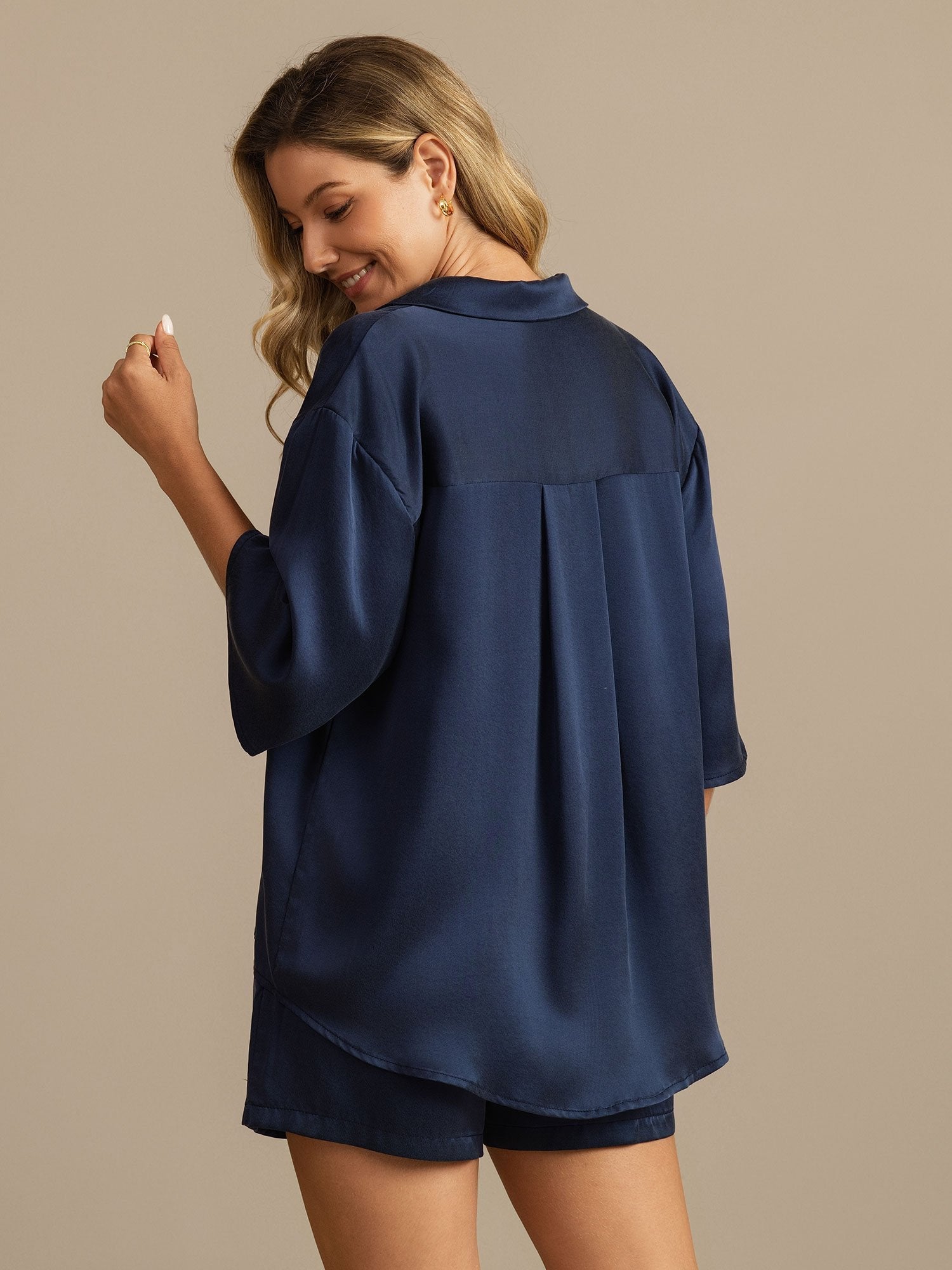 [Mörkblå] SilkSilky-SE 19Momme Rent Silke Krage Dam Pyjama 002,