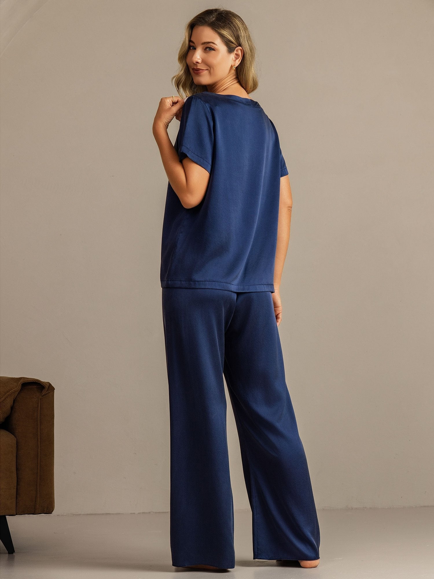 [Mörkblå] SilkSilky-SE 19Momme Silke Womens Pajamas 002