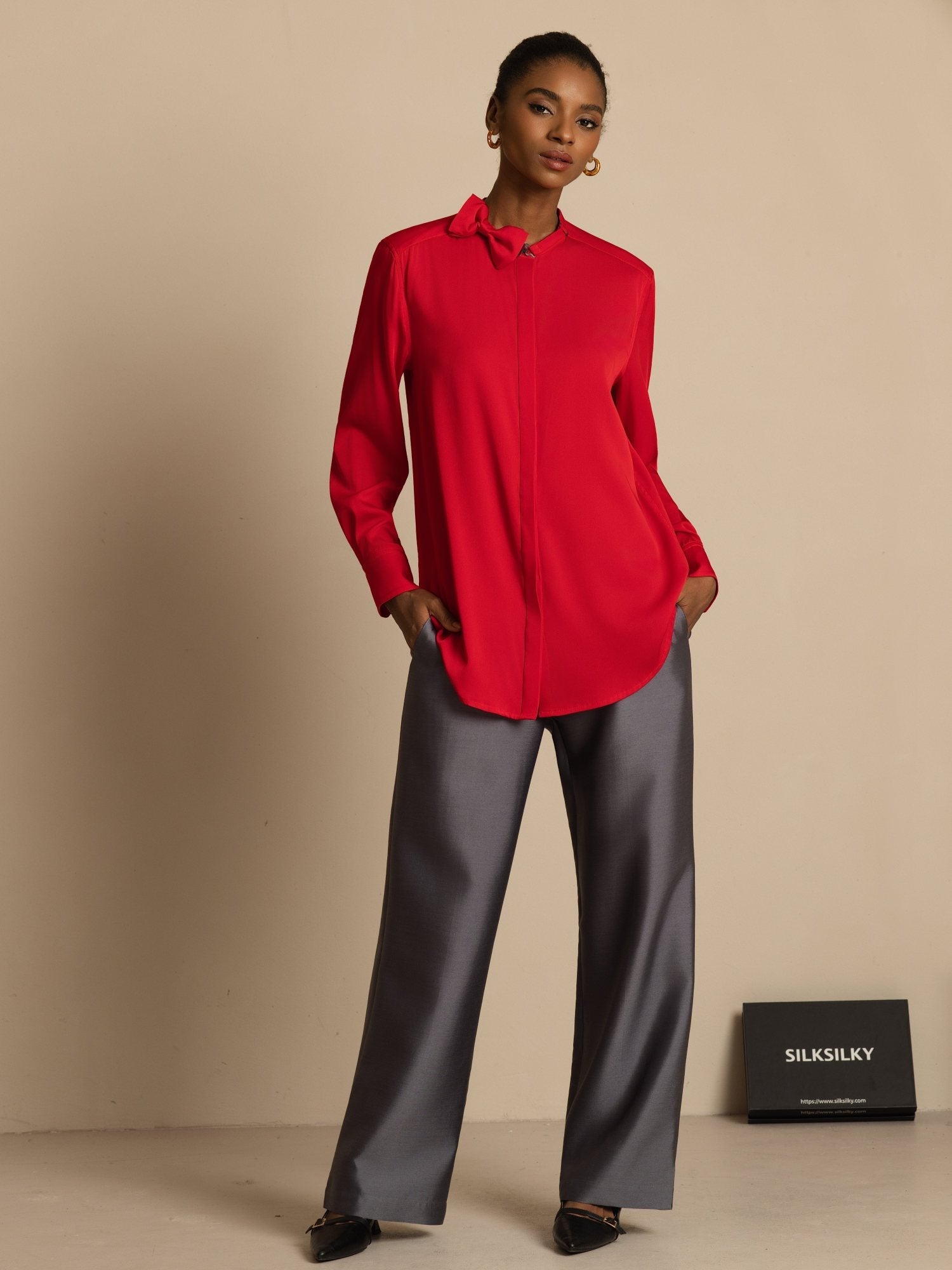 [Vin] SilkSilky-SE 19Momme Silke Lång Ärm Ståkrage Blus 007