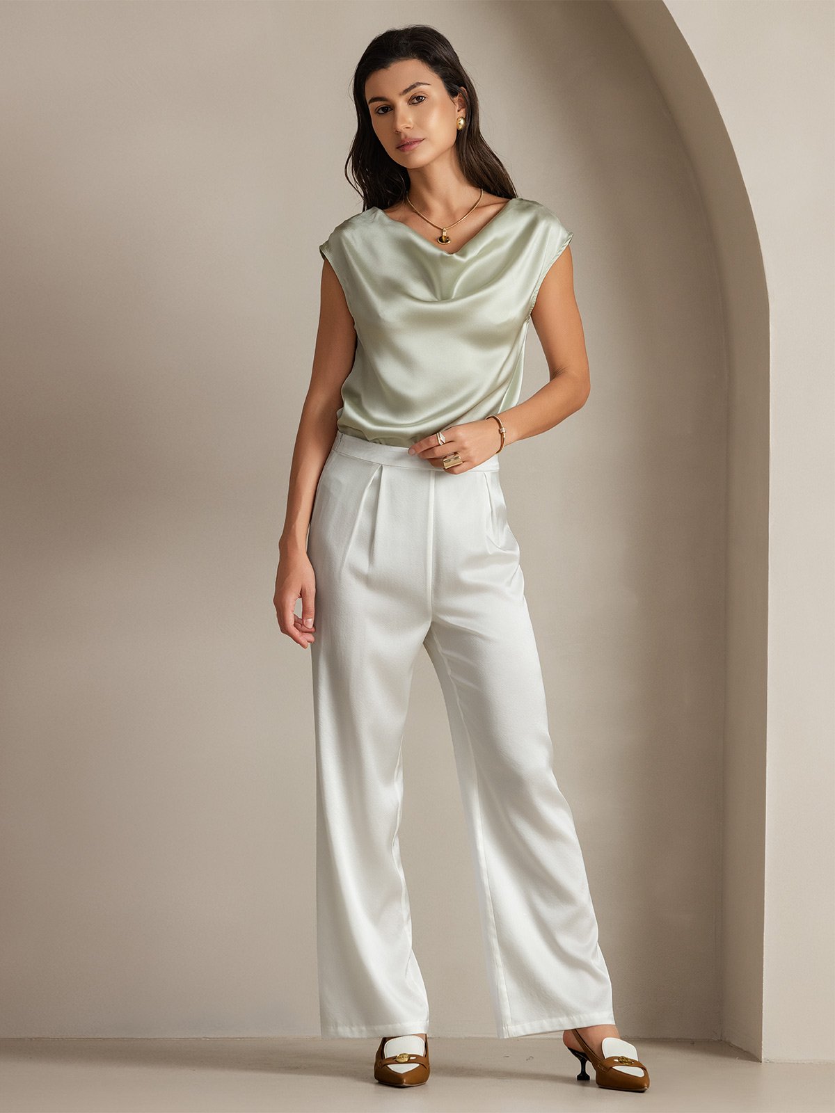 [Ljusgrön] SilkSilky-SE 19Momme Kappärm Cowl Halsringning Dam T-Shirt 006