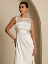 [Vit] SilkSilky-SE 19Momme Sleeveless Illusion Neck Klänning 007