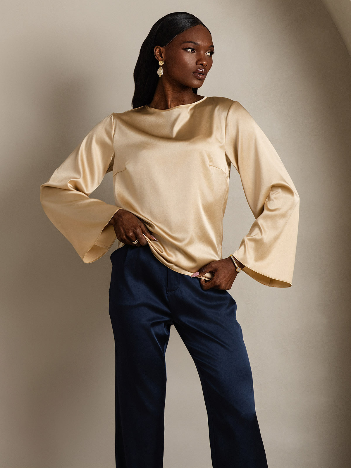 [Champagne] SilkSilky-SE 19Momme Silke Womens T-Shirt 004