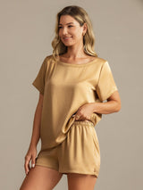 [Tan] SilkSilky-SE 19Momme Kort Ärm Rund Halsringning Dam Pyjama 006