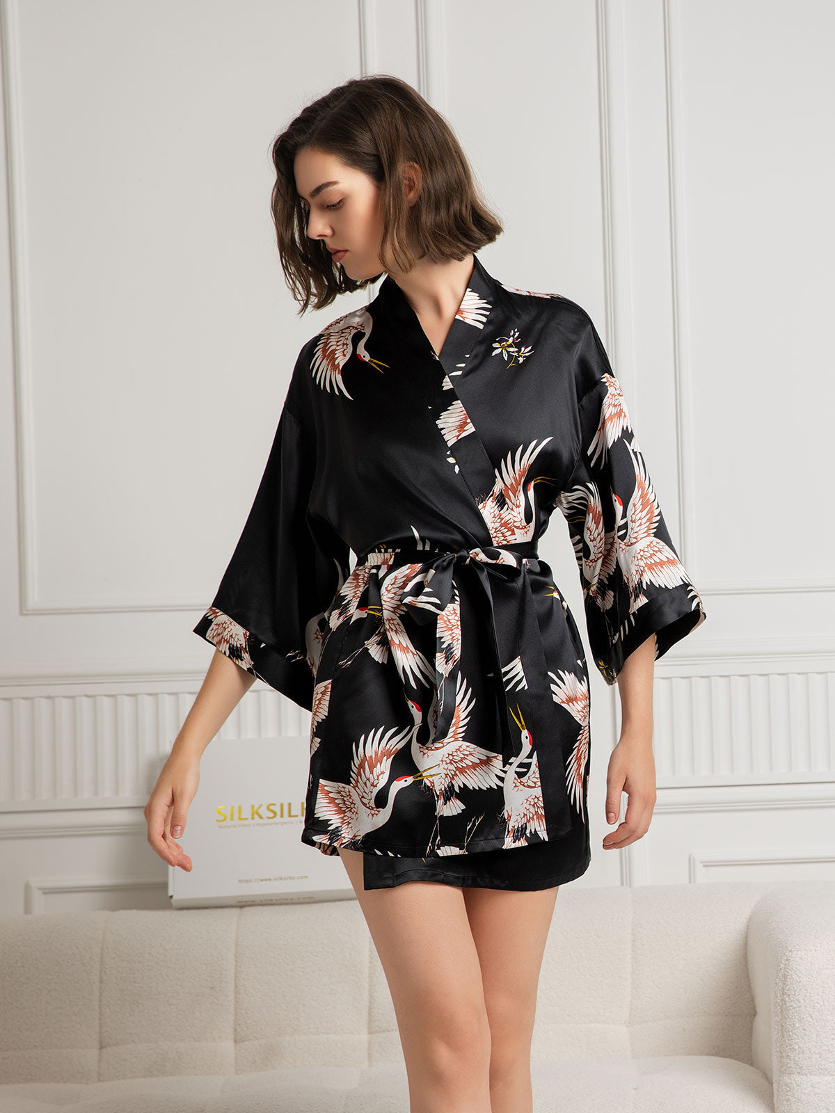 [Svart] SilkSilky-SE Rent Silke Womens Robe 001