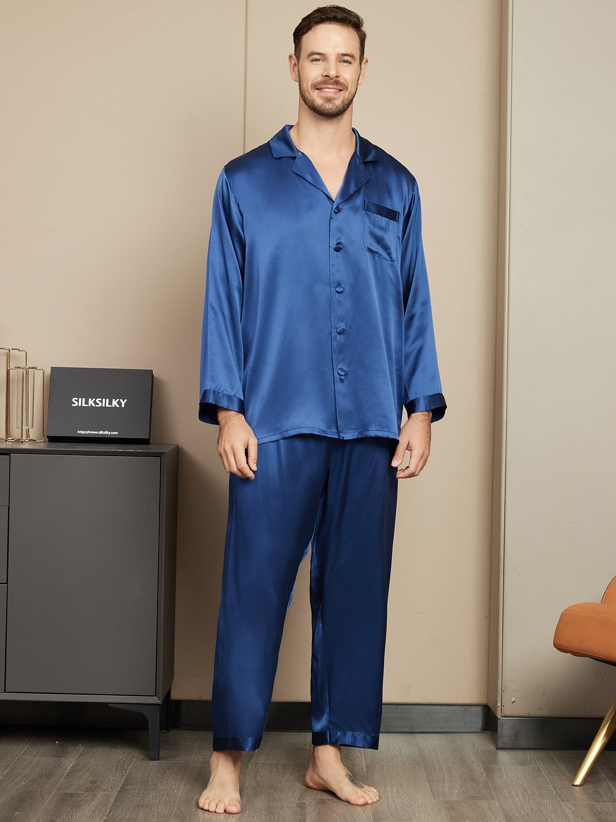 SilkSilky SE Rent Silke Lång Ärm Mens Pajamas Mörkblå 001