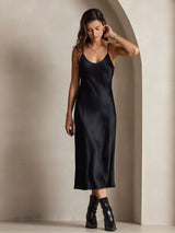 [Svart] SilkSilky-SE Spaghetti Strap V Neck Klänning 006
