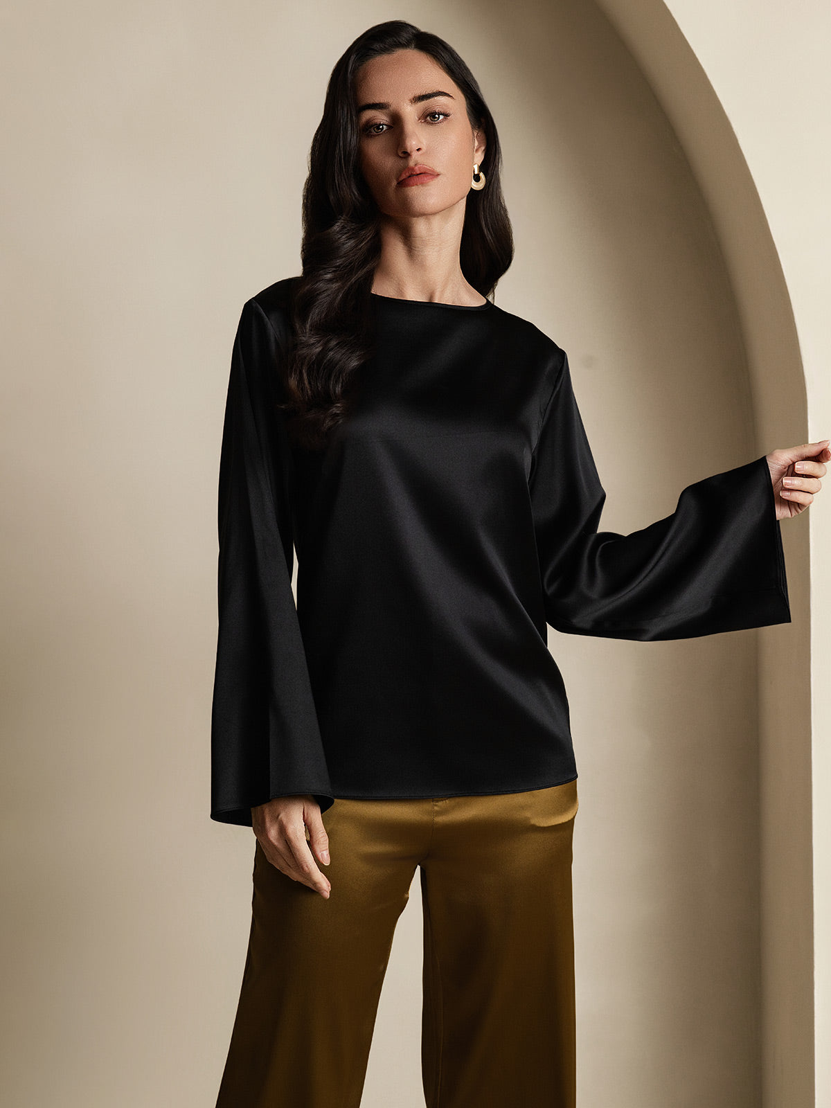 [Svart] SilkSilky-SE 19Momme Silke Womens T-Shirt 001
