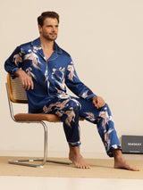 [Mörkblå] SilkSilky-SE Long Sleeve Lapel Collar Herr Pyjama 008