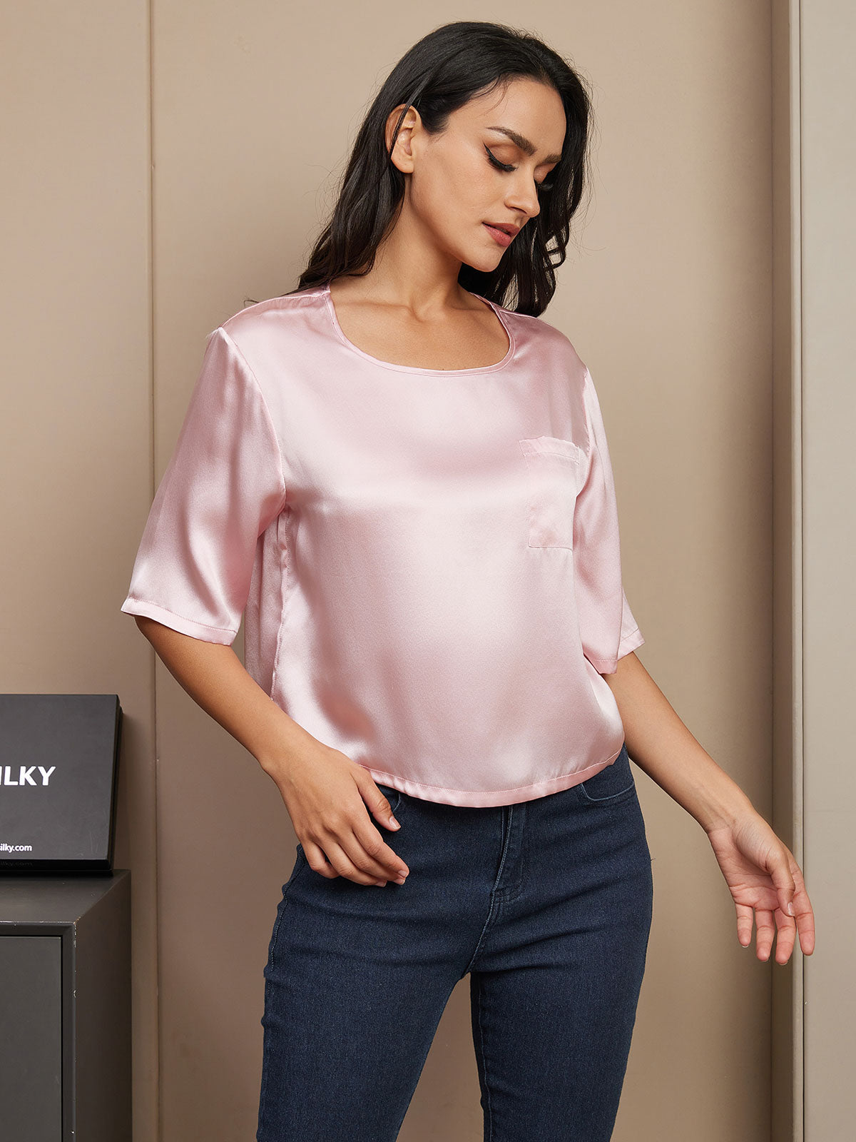 SilkSilky SE Rent Silke Hårärm Båthals Dam T Shirt Rosa 003