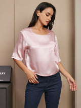 [Rosa] SilkSilky-SE Hårärm Djup Rund Halsringning Dam T-Shirt 003