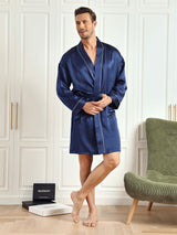 [Mörkblå] SilkSilky-SE Rent Silke 3/4 Ärm Mens Robe 004