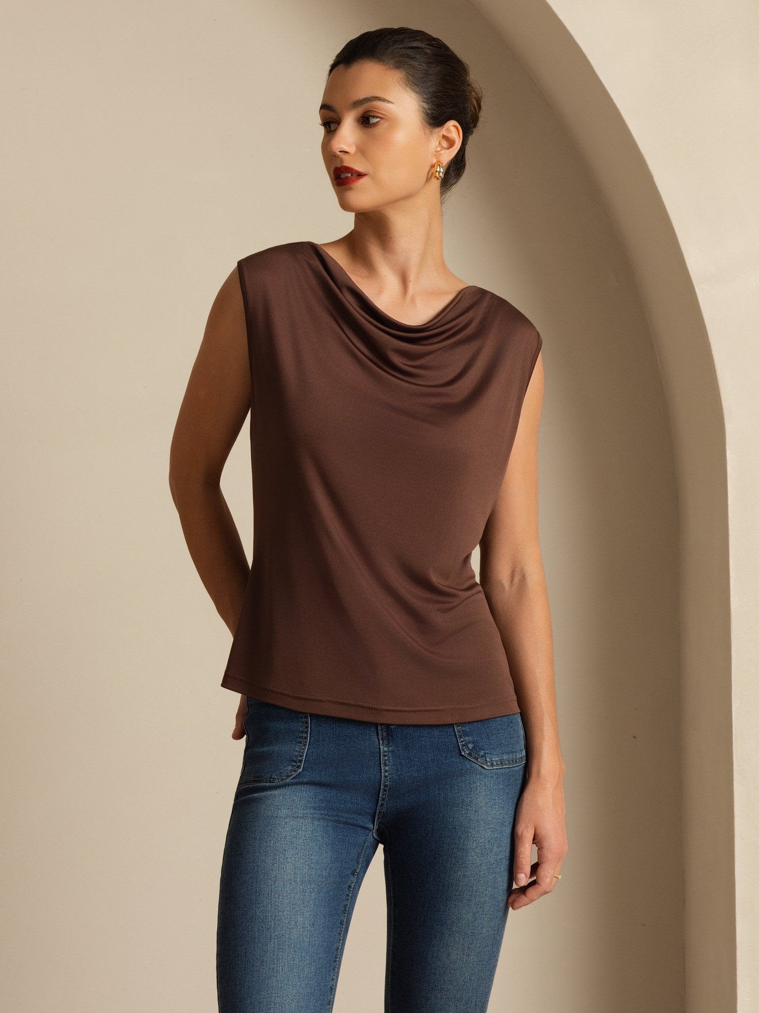 [Kaffe] SilkSilky-SE Ärmlös Cowl Halsringning Dam T-Shirt 004