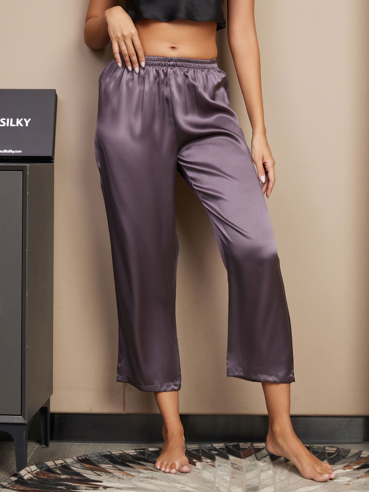 [Lila Grå] SilkSilky-SE Rent Silke Womens Sleep Bottoms 003