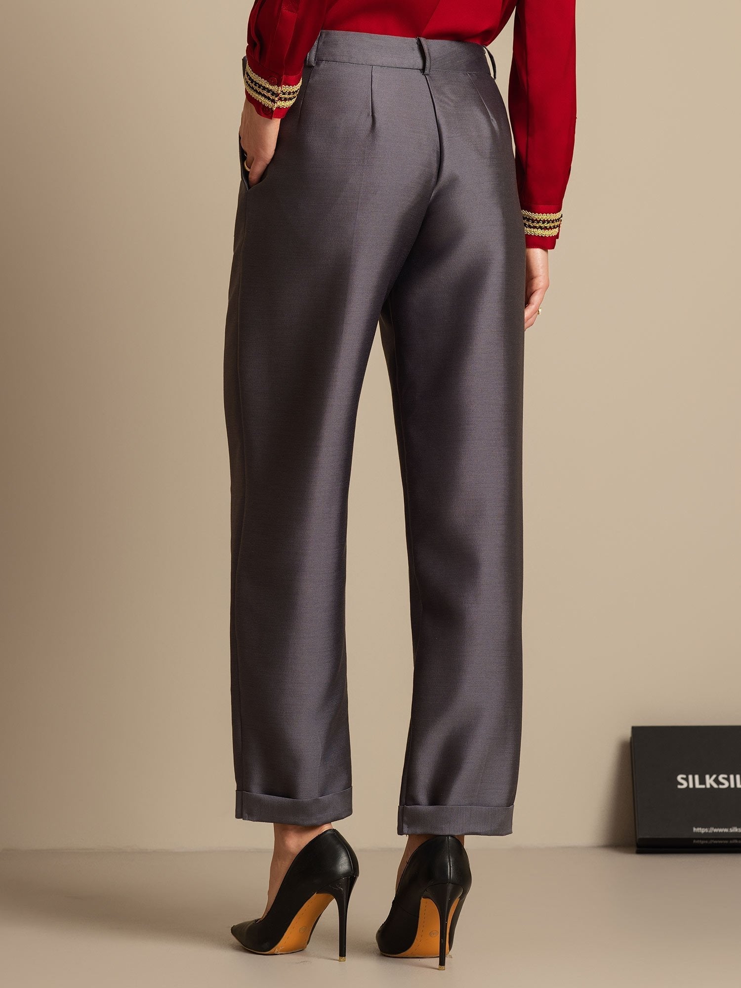 [Grå] SilkSilky-SE 32Momme Silk-Wool Blend Womens Pants 002,