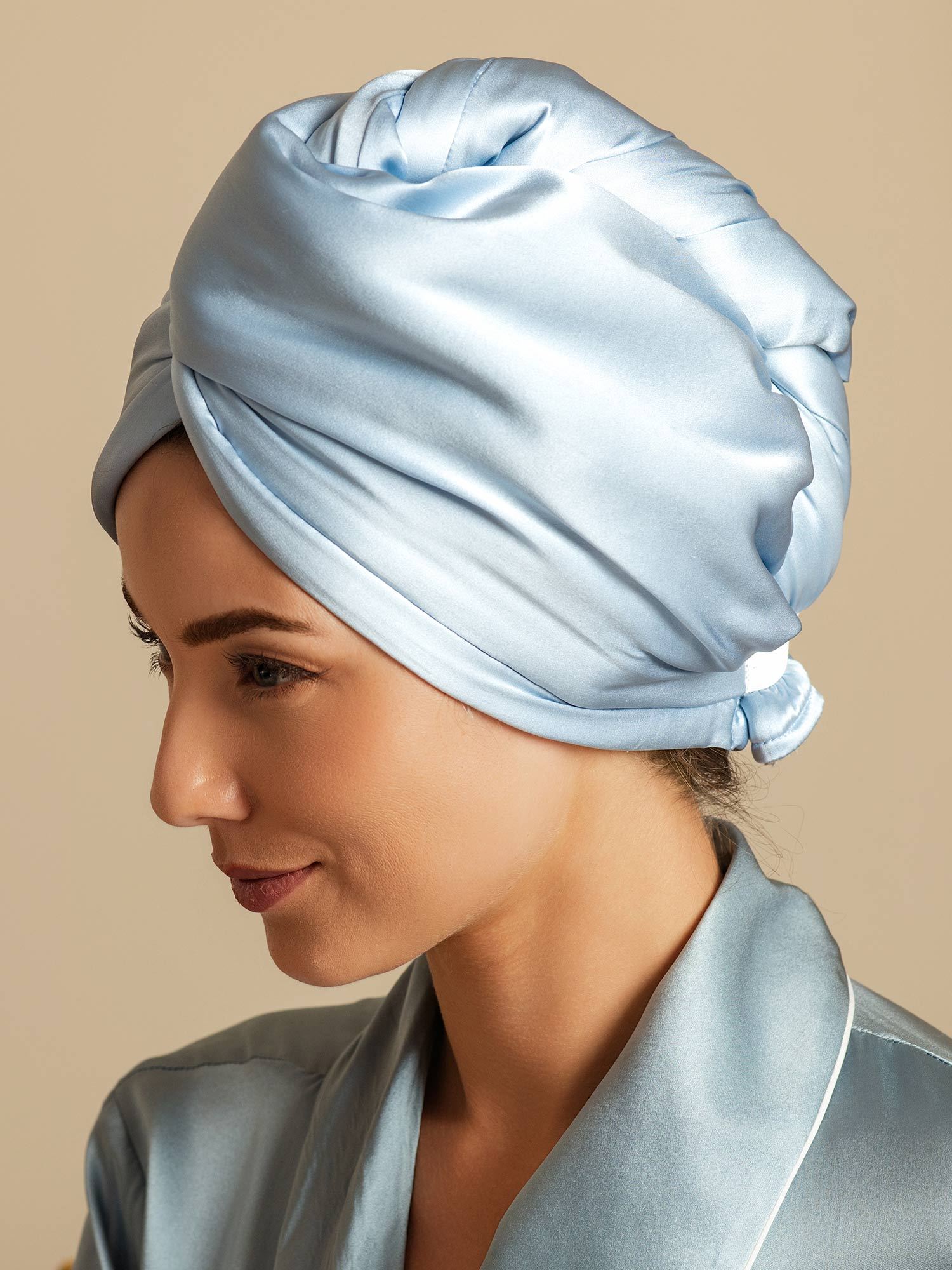 [Himmelsblå] SilkSilky-SE Rent Silke Hair Towel Wrap 004,