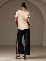 [Champagne] SilkSilky-SE 19Momme Kort Ärm Båtringad Dam T-Shirt 009