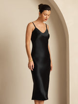 [Svart] SilkSilky-SE Spaghetti Strap V Neck Klänning 003