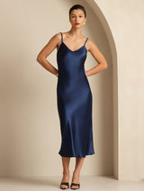 [Mörkblå] SilkSilky-SE Spaghetti Strap V Neck Klänning 003