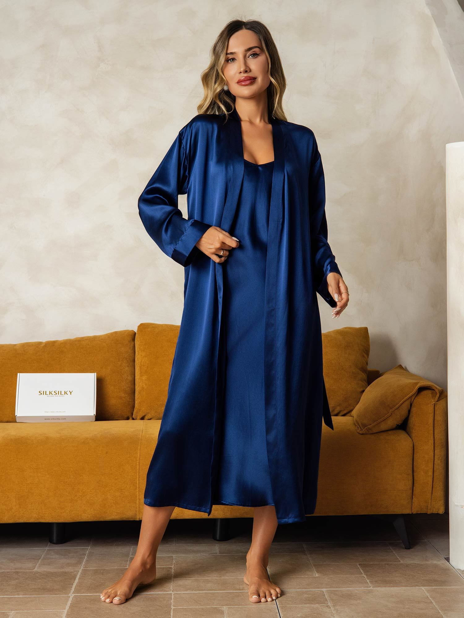 [Mörkblå] SilkSilky-SE Rent Silke Nightgown&Robe Set 008