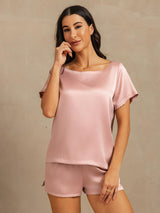 [Persikohud] SilkSilky-SE 19Momme Kort Ärm Rund Halsringning Dam Pyjama 004