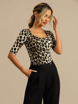 [Leopard] SilkSilky-SE Hårärm Djup Rund Halsringning Dam T-Shirt 005