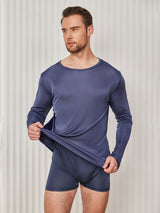 [Mörkblå] SilkSilky-SE Long Sleeve Round Neck Herr T-Shirt 004