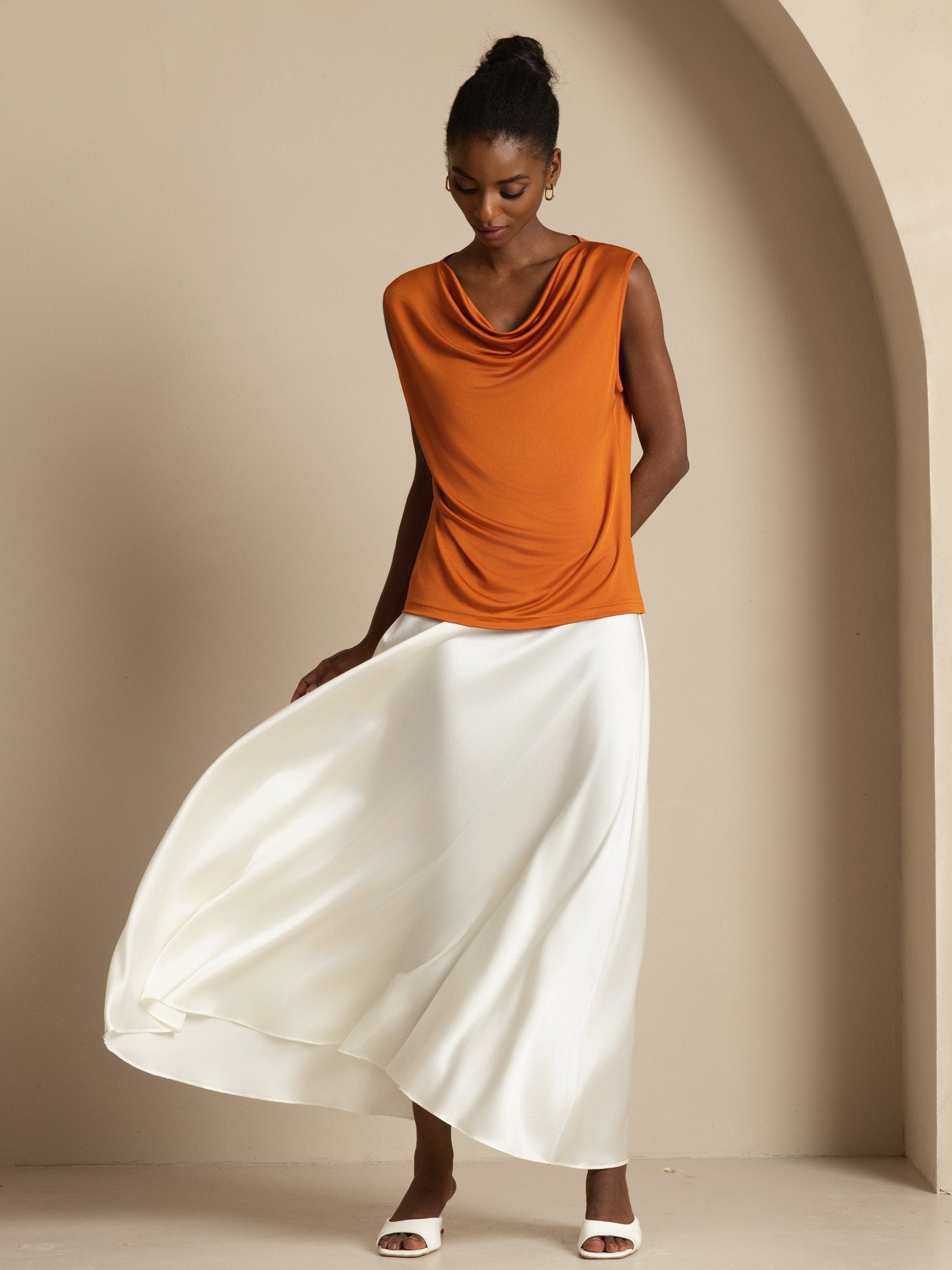 [Orange] SilkSilky-SE Ärmlös Cowl Halsringning Dam T-Shirt 004